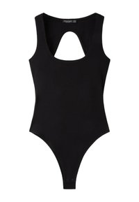 Body noir sans manches avec un décolleté arrondi et une découpe en forme de trou de serrure sur la poitrine, avec des boutons-pression à l'entrejambe.