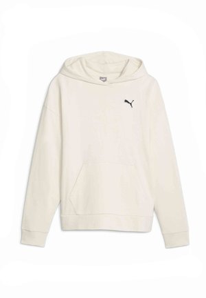 Huppari off-white kankaasta, jossa on kengurutasku, ribbireunukset ja musta Puma-logo rinnassa. Sileä pinta.