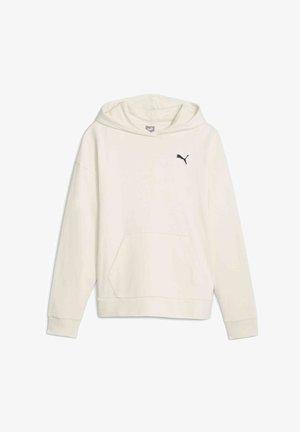 Sweatshirt à capuche en tissu blanc cassé avec une poche kangourou, des poignets côtelés et un logo Puma noir sur la poitrine. Texture lisse.