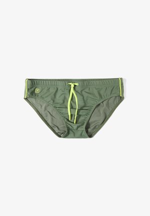 Slip de bain homme vert olive avec cordon jaune néon et bordure latérale, avec un petit patch logo sur le côté gauche.