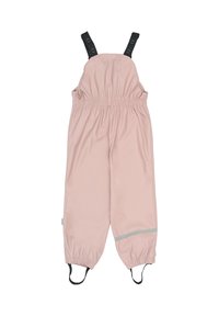 Rožiniai neperšlampami puskombinezoniai su elastinga juosmens juosta, reguliuojamomis juodomis petnešomis ir atšvaito elementais apatiniuose kojų daliuose. Lygios tekstūros.