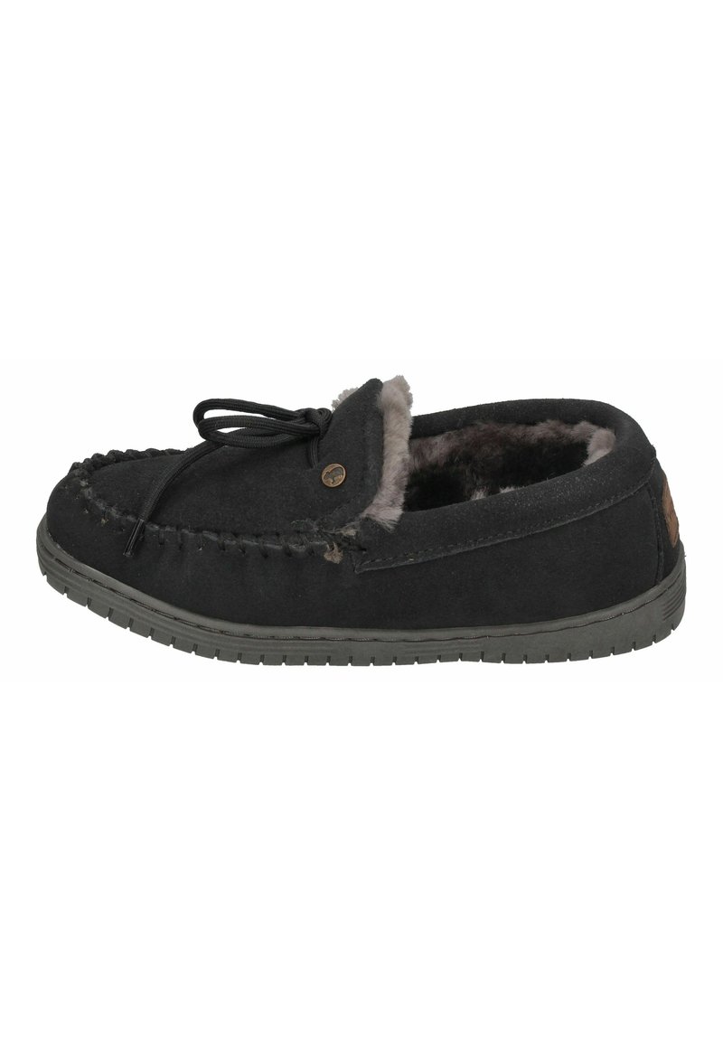 Black suede slipper with grey fur lining, lace-up design, and stitched accents. Features a rubber sole with treads for traction.