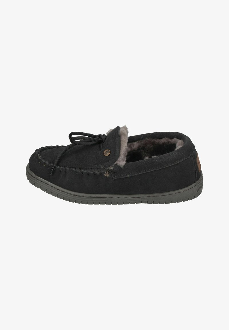 Black suede slipper with grey fur lining, lace-up design, and stitched accents. Features a rubber sole with treads for traction.