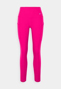Roze sportlegging met een hoge taille, gemaakt van rekbaar materiaal. Kenmerken zijn onder andere zijzakken en een klein logo op de tailleband.