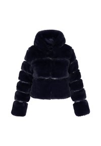 Marineblå faux fur cropped jakke med hætte, der har et pufferdesign, brede ærmer og blød tekstur, med fremhævede vandrette sømdetaljer.
