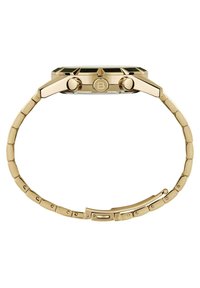 Guldtonet armbåndsur med en rektangulær sort urskive, tekstureret bezel og justerbar ledningsarmbånd. Har to sideknapper og et indgraveret logo.