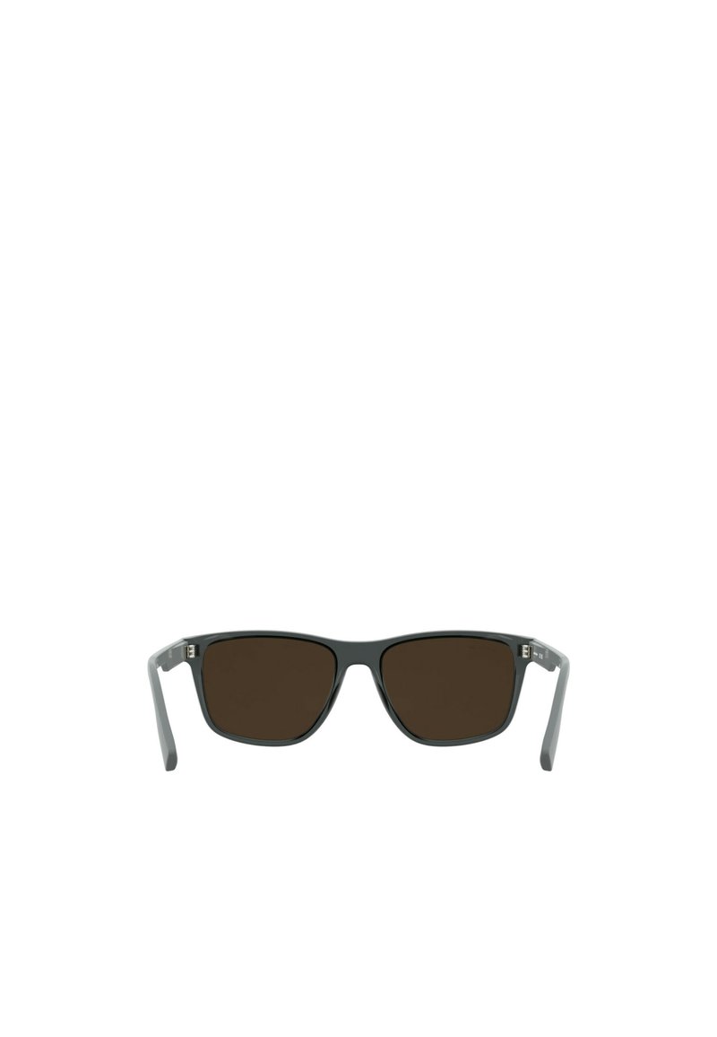 Rectangular sunglasses with dark brown lenses, gray plastic frame, and subtle accents on the temples. Smooth texture and clean design.