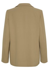 Beige sako s klopovým límcem, dlouhými rukávy a rovný střih. Vyrobeno z hladkého materiálu, nemá žádné viditelné kovové prvky nebo vzory.