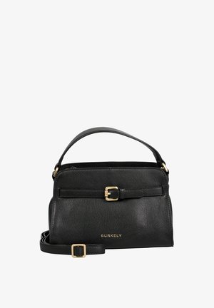 Zwarte leren handtas met korte handgreep en verstelbare schouderriem, voorzien van gouden gespsluitingen en "Burkely"-logo aan de voorkant.