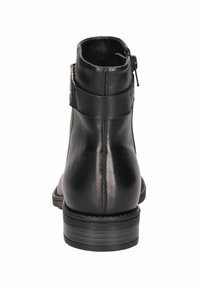 Bottines en cuir noir avec un bout rond, texture lisse, fermeture éclair à l'arrière et un petit talon carré.