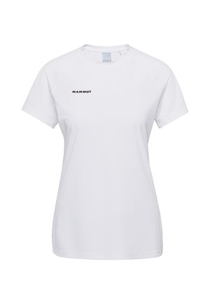 Weißes T-Shirt mit kurzen Ärmeln und Rundhalsausschnitt, mit "MAMMUT"-Logo in Schwarz auf der linken Brust, speziell für Damen geschnitten.