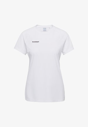 Weißes T-Shirt mit kurzen Ärmeln und Rundhalsausschnitt, mit "MAMMUT"-Logo in Schwarz auf der linken Brust, speziell für Damen geschnitten.