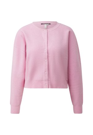 Lichtroze cropped vest met lange mouwen, ronde halslijn en zeven knopen aan de voorkant, vervaardigd van zachte gebreide stof.