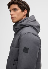 Grijze pufferjack met een grote capuchon, voorzien van een doorgestikt patroon, een zwart logo-opdruk op de mouw en een gestructureerde stofafwerking.