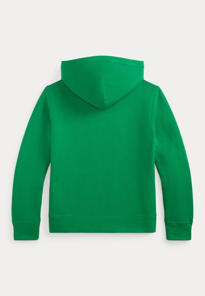 Grön pullover-hoodie med framficka, långa ärmar och åtsittande fåll. Tillverkad av mjukt, slätt tyg med en klassisk huva.