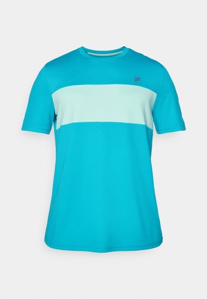 Short-sleeve athletic t-shirt in bright turquoise and light blue; lightweight, breathable fabric with a horizontal stripe design and logo.