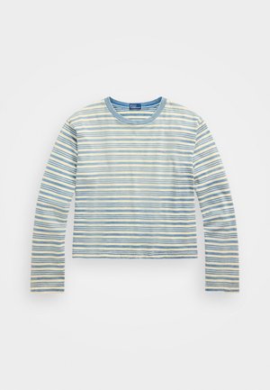T-shirt à manches longues à col rond avec des rayures bleu et blanc horizontales, posé à plat sur un fond clair.