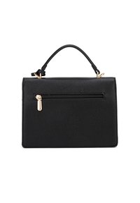 Borsa a tracolla nera in pelle con superficie testurizzata, forma rettangolare, manico superiore e tasca con zip anteriore con hardware dorato.