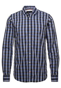 Camicia a manica lunga da uomo con motivo a quadri blu, nero e bianco, colletto classico e piccolo logo frontale sul petto sinistro.