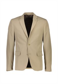 Beige Anzugjacke mit Reverskragen, Ein-Knopf-Verschluss, zwei Vorderstaschen und einem schwarzen Innenfutter. Glatte Textur und taillierte Passform.