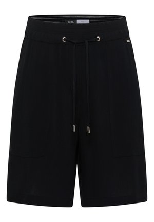 Schwarze Freizeithose mit elastischem Bund, verstellbarem Kordelzug, zwei Vordertaschen und kleinem Metall-Brandetikett auf der rechten Seite.