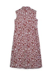 Vestito senza maniche color amaranto con intricati motivi paisley bianchi e geometrici, caratterizzato da un colletto e una silhouette svasata.