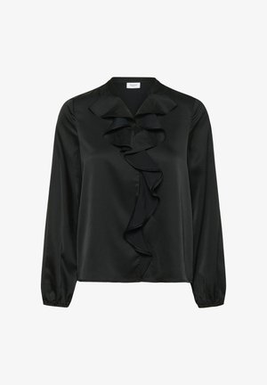 Blouse en satin noir à manches longues, décolleté en V et détail froncé central. Texture douce avec une finition lisse et des poignets élastiqués.