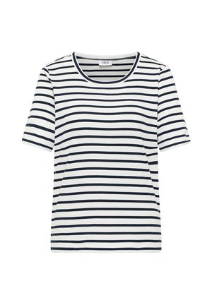 Witte korte mouwen shirt met zwarte horizontale strepen en een ronde hals, met het label "CECIL" aan de binnenkant van de kraag.