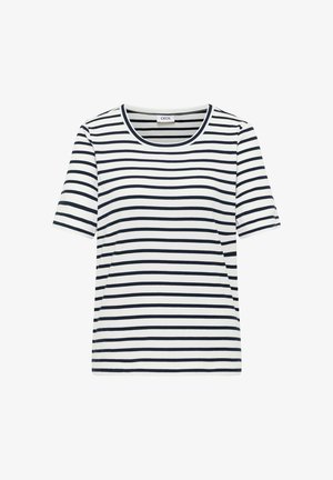 Chemise blanche à manches courtes avec des rayures noires horizontales et un col rond, étiquetée "CECIL" à l'intérieur du col.