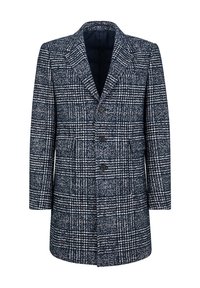 Wollen mantel met ruitpatroon in een marineblauw en wit hondentandmotief, voorzien van inkeping in de revers, drie knopen en twee zijzakken.