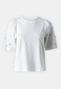 Weißes Baumwoll-T-Shirt mit Puffärmeln, verziert mit silbernen Perlen auf den Ärmeln. Klassischer Rundhalsausschnitt und lässige Passform.