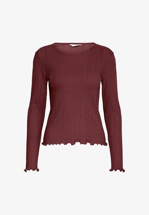 T-shirt bordeaux à manches longues avec texture côtelée, ourlet festonné et encolure ras du cou. Fabriqué en tissu doux et extensible pour le confort et l'ajustement.