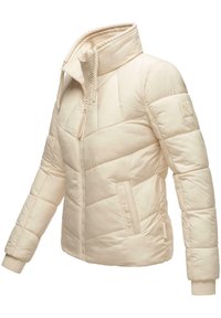 Veste matelassée de couleur crème avec un col haut, une fermeture éclair à l'avant et des poignets côtelés. Présente des coutures diagonales et des poches latérales.