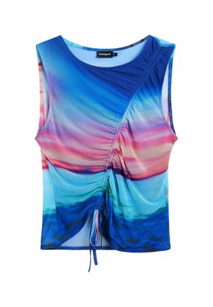Mouwloos topje in blauw met een verloop van donkerblauw naar roze. Bevat gathered stof aan de zijkant en een trekkoord aan de onderkant.