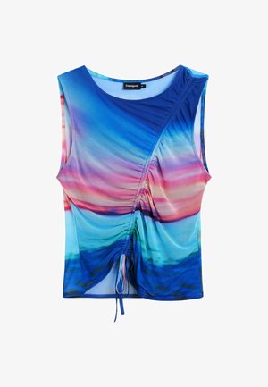 Sinise ilmaäärega top, millel on gradient tumedast sinisest roosaks. Küljel on gathers kangas ja all on nöör.