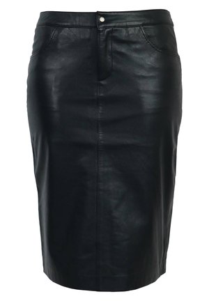 Black leather pencil skirt featuring a fitted design, smooth texture, front pockets, and a button closure at the waistband.