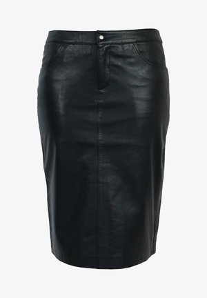 Black leather pencil skirt featuring a fitted design, smooth texture, front pockets, and a button closure at the waistband.
