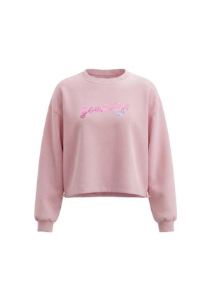 Lyserød cropped sweatshirt med lange ærmer med ribstrikkede manchetter og teksten "good vibes" samt et lille sommerfugledesign på brystet.