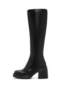 Bottes noires montantes en cuir lisse avec un talon carr�é, un bout arrondi et un design minimaliste. Coutures sur le côté.