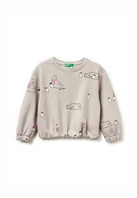 Felpa grigia in misto cotone, con elastico ai polsini e in vita, decorata con stampe di orsi polari e pinguini.