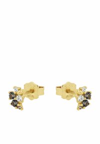 Orecchini a stud dorati con tre gemme scure e due trasparenti, retro a forma di fiore e dettagliati accenti in metallo.