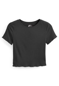 Zwarte geribbelde crop top met korte mouwen en een gekartelde randafwerking op de mouwen en onderkant.