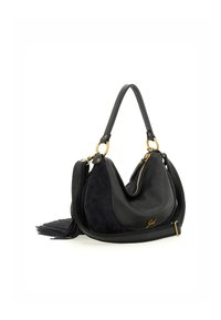 Borsa a mano in pelle nera con finitura testurizzata, dettagli in suede, forma curva, chiusura con zip e accessori in metallo dorato con tracolla removibile.
