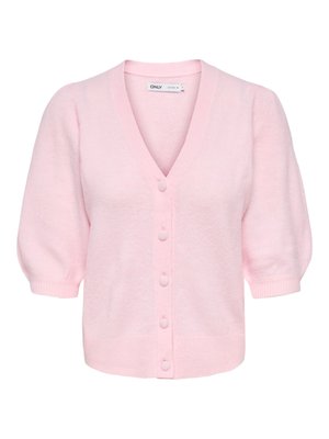 Blød lyserød kortærmet cardigan med V-hals, fem stofbetrukne knapper foran og ribstrikkede manchetter og kant.