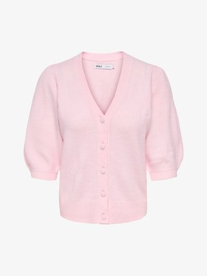 Myk rosa kortermet cardigan med V-hals, fem stoffkledde knapper foran, og ribbestrikkede mansjetter og kant.