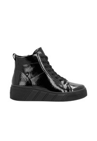 Baskets montantes en cuir verni noir avec finition texturée, bout arrondi et design à lacets. Elles présentent une semelle épaisse et antidérapante ainsi qu'un accent logo.