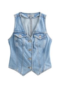 Světlomodrý džínsový vest s přiléhavým designem, s výstřihem do V, čtyřmi předními kapsami a stříbrnými knoflíky. Klasická džínová textura.