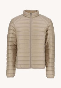 Giubbotto puffer di un beige chiaro. Presenta un design a righe orizzontali, un collo alto e una chiusura frontale con zip. Tessuto morbido e liscio, materiale leggero.