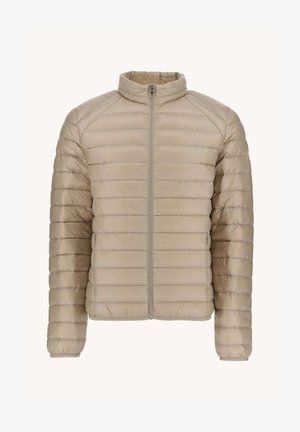 Lichtbeige pufferjack. Heeft een horizontaal gestikt ontwerp, hoge kraag en ritssluiting aan de voorkant. Zachte, gladde textuur, lichtgewicht materiaal.