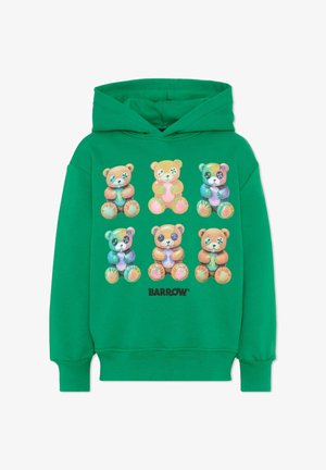 Felpa verde con cappuccio con sei orsacchiotti colorati disposti in due file e la scritta "BARROW" sotto di essi.